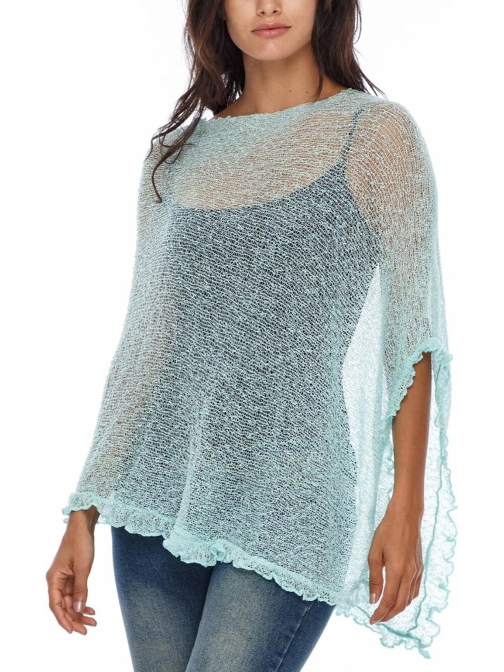 Women’s Mint Sheer Knit Poncho Shrug Lightweight Asymmetrical Ruffle Wraps